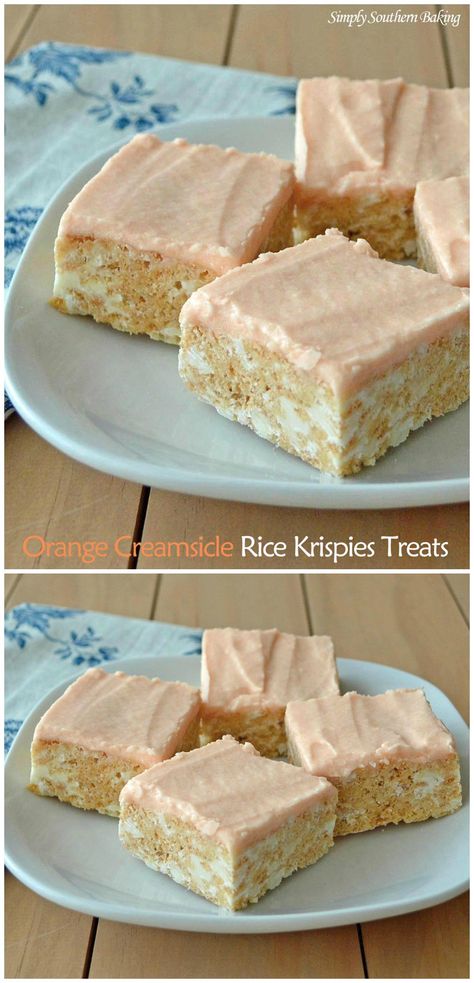 Orange Creamsicle Rice Krispies Treats | Simply Southern Baking Orange Creamsicle Rice Krispie Treats, Southern Baking, Rice Krispies Treats, Krispy Treats, Krispies Treats, Cereal Treats, Rice Krispy, Orange Creamsicle, Rice Crispy Treats