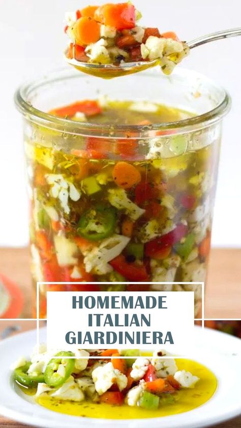 Hot Italian Giardiniera Recipe, How To Make Giardiniera, Recipes Using Giardiniera, Gardenaire Recipes, Homemade Giardiniera, Homemade Giardiniera Recipe, Giardiniera Recipe, Pickled Things, Antipasto Recipes