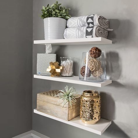 PRICES MAY VARY. Environmental material:These wall mounted white floating shelves are made of high-quality MDF,durable, environmentally friendly and and very easy to clean; thickness of the floating wall shelf: 1.5cm.Three pieces white rectangular storage floating shelves size 16.5x4.7x0.6''(42x12x1.5cm )LxWxH Display Decorative White Shelf:The pack of 3 white wall shelves are suitable for any room or space around the house,and adds a classic and modern touch to your décor,offers more storage sp Floating Wall Shelves White, Wall Shelf Display, Wall Mounted Storage Shelves, White Wall Shelves, Wall Storage Shelves, Kitchen Wall Shelves, Floating Shelf Decor, Cat Wall Shelves, White Floating Shelves