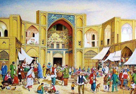 Market Painting, Persian Calligraphy Art, Persian Miniature, Persian Calligraphy, Iranian Art, Watercolor Art Lessons, Girly Art Illustrations, Islamic Art Calligraphy, Silk Road