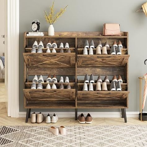 Maupvit Large Shoe Cabinet with 4 Flip Drawers, Freestanding Shoe Organizer with Metal Drawer Bracket for Entryway, Narrow Shoe Rack Cabinet, 5 Sturdy Legs, Rustic Brown Hidden Shoe Storage, Slim Shoe Cabinet, Shoe Cabinet Entryway, Narrow Shoe Rack, Narrow Shoes, Wood Shoes, Home Styles, Drawer Design, Shoe Storage Cabinet