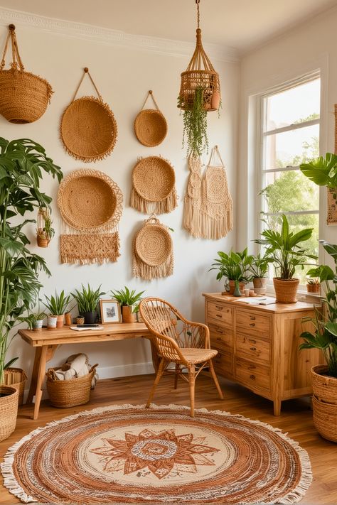 30 Stunning Boho Home Office Ideas That Will Boost Your Creativity – The Crafty Hacks Boho Home Office Ideas, Bohemian Home Office, Boho Home Office, Office Room Design, Cozy Workspace, Personalized Gallery Wall, Home Office Room, Rustic Desk, Cozy Living Spaces