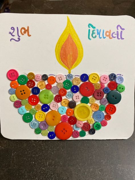 Used buttons and says Happy Diwali !! Happy Diwali Decoration Ideas, Diwali Activity For Kids In School, Diwali Preschool Crafts, Diwali Craft For Kindergarten, Diwali Activity For Preschool, Diwali Arts And Crafts For Kids, Dusshera Crafts For Kids, Diwali Activity For Kids, Diwali Crafts For Kids Preschool