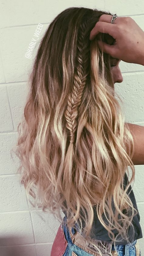 Loose Waves With Braid, Beach Waves Hair With Braid, Braid And Waves Hairstyle, Braid Beach Waves, Beach Wave Hair With Braid, Beach Waves With Braids Hairstyles, Boho Beach Hairstyles, Curled Hair With Fishtail Braid, Cute Fishtail Hairstyles