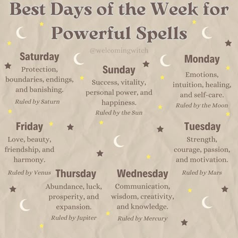 Best Days of the Week for Powerful Spells! . . . . . . . . . #witchlife #witchesofinstagram #witchcraft #pagan #witchy #witchtok #witchyvibes #witchesofig #witchythings #witchaesthetic Days For Spells, Shielding Witchcraft, Weekday Magick, Paganism For Beginners, Witchy Spells, Pagan Lifestyle, Witchcore Aesthetic, Pagan Traditions, Magic Energy