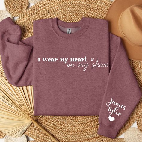 I Wear My Heart On My Sleeve Sweater, Heart On My Sleeve, Idea For Mother's Day, Custom Crewneck Sweatshirts, Custom Crewneck, Personalized Sweater, Mom And Grandma, Cozy Sweatshirts, Heart On