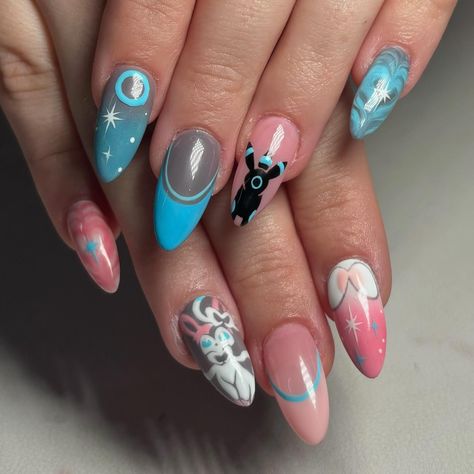 🌸🦋 #pokemon #nailart #pokemonnails #eevee #eeveelutions #nailartist #handpainted #gelx #apres #gelnails #phoenixnails #aznails #freehand Cute Pokemon Nails, Pokemon Nail Art Easy, Umbreon Nails, Alien Stage Nails, Pokemon Inspired Nails, Sylveon Nails, Eevee Nails, Pokemon Nails Designs, Cute Anime Nails