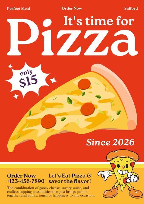 Food Promotion Poster, Food Promotion, Promotion Poster, Pizza Food, Gooey Cheese, Cartoon Posters, Savory Sauce, Eat Pizza, Food Poster