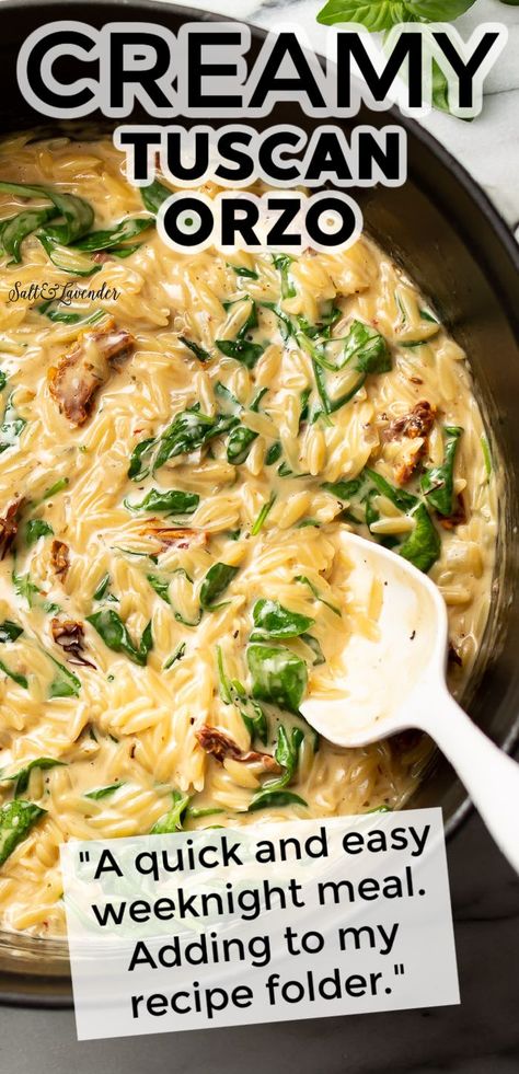 Chicken Orzo Skillet With Sun-dried Tomatoes, Creamy Garlic Orzo Pasta, Orzo Recipes Creamy, One Pot Healthy Orzo, Orzo Recipes Non Dairy, Spinach And Sun Dried Tomato Recipes, Easy Creamy Orzo Recipes, Tuscan Orzo Pasta, Orzo Recipes With Spinach