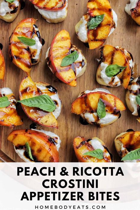 Looking for an easy summer appetizer recipe? You have to try these peach, lemon, and ricotta crostini bites. They're made with crusty baguette bread slices, along with some ricotta and balsamic glaze. I'll teach you how to make crostini using the grill, which is perfect for all your upcoming summer parties. Peach Baguette Appetizer, Grilled Peach Crostini, Peach And Ricotta Crostini, Grilled Peach And Ricotta Crostini, Peach Crostini Appetizers, Baguette Bites, Summer Crostini, Peach And Ricotta, Peach Crostini