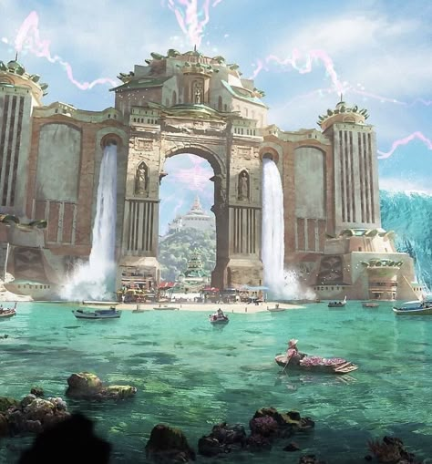 Fantasy Water City Concept Art, Fantasy Sea Kingdom, Sea City Fantasy Art, Seaside Castle Fantasy Art, Hydra Concept Art, Fantasy Architecture Concept Art, Sea Fantasy Art, Josh Hutchinson, City Concept Art