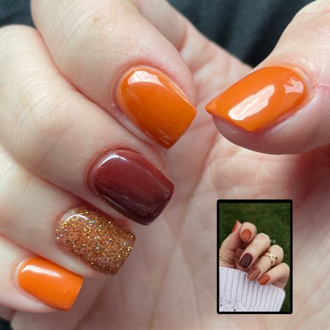 Fall Maroon # 217, orange # 38, glitter # GL9 Orange And Maroon Nails, Maroon And Orange Nails, Nail Vibes, Maroon Nails, Dip Nails, Sparkle Nails, Fall Nail Colors, Dip Powder Nails, Dipped Nails