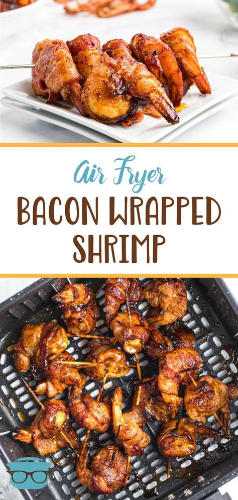 This easy recipe for Air Fryer Bacon Wrapped Shrimp tastes so fancy but whips up in minutes! Delicious flavors with a touch of barbecue. Makes the perfect appetizer or main dish! Air Fryer Bacon Wrapped Pineapple, Bacon Wrapped Ideas, Air Fryer Bacon Wrapped Shrimp, Bacon Wrapped Shrimp Air Fryer, Easy Bacon Wrapped Shrimp, Bacon Wrap Shrimp Recipes, Air Fry Bacon, Shrimp Bbq Recipes, Recipe For Air Fryer