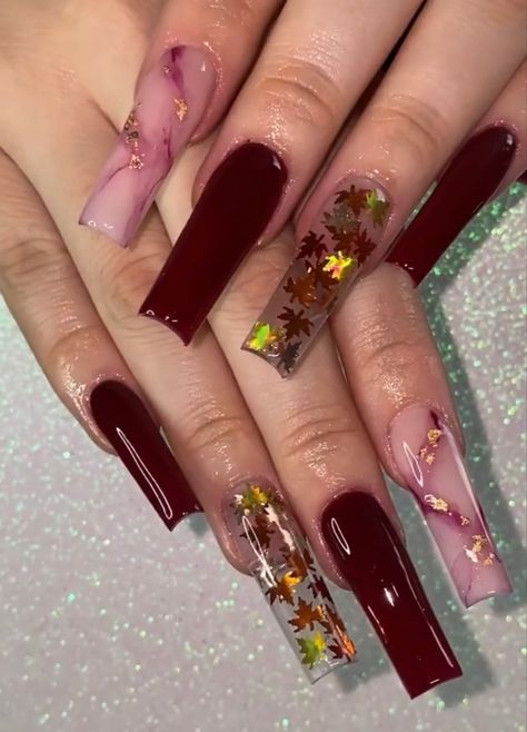 Long Acrylic Nails Fall Colors, Fall Almond Nails Ideas Burgundy, Burgundy Coffin Acrylic Nails, Maroon Fall Nail Designs, Burgundy Nails Fall, Fall Nail Designs Burgundy, Dark Fall Nails Acrylic, Burgundy Acrylic Nails Design, Fall Encapsulated Nails