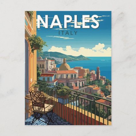 Naples Italy Travel Art Vintage Postcard Naples Italy Travel, Vintage Italian Posters, Wanderlust Decor, Vintage Postcards Travel, Italy Poster, Travel Globe, Retro Vector, Retro Travel Poster, Beach Posters