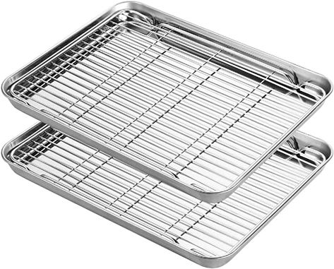 Amazon.com: Stainless Steel Baking Sheets with Rack, HKJ Chef Cookie Sheets and Nonstick Cooling Rack & Baking Pans for Oven & Toaster Oven Tray Pans, Rectangle Size 12.5L x 10W x 1H inch & Non Toxic & Healthy: Kitchen & Dining Toaster Oven Pans, Oven Tray, Pan Cookies, Oven Pan, Cookie Sheets, Aluminum Pans, Cooling Rack, Baking Essentials, Kitchen Oven