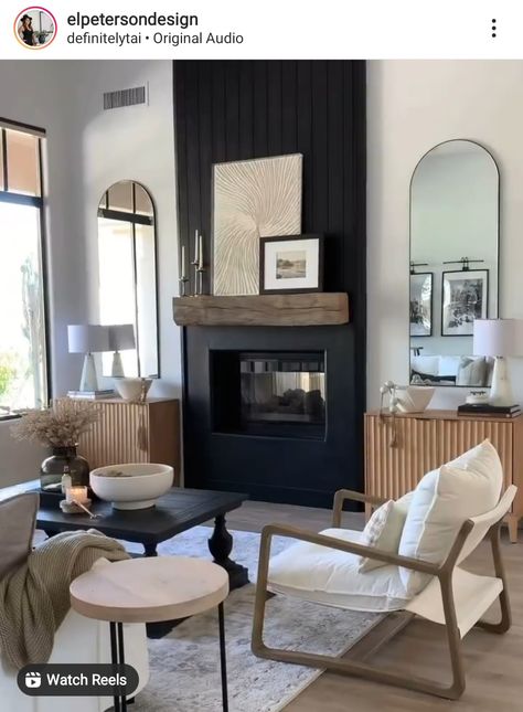 Living Room With Tan Tile Floor, Small Living Room Ideas With Fireplace Furniture Arrangement, Modern Fireplace With Sconces, Mid Century Modern Black Fireplace, Mirror On Either Side Of Fireplace, Living Room Designs With Black Fireplace, Small House Built Ins, Grey Painted Rock Fireplace, Fireplace Wall No Built Ins