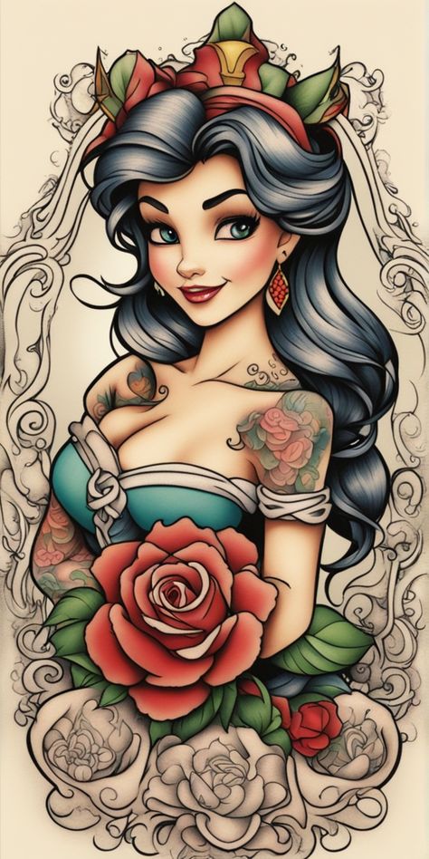 The image features a vibrant, traditional-style Disney tattoo inked on a blank canvas. The tattoo is beautifully colored, amplifying the enchanting charm associated with Disney characters. Canvas Tattoo, Disney Drawings Sketches, Disney Tattoo, Disney Tattoos, Disney Drawings, Blank Canvas, Disney Magic, Ink Tattoo, Drawing Sketches