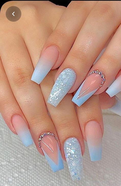 Cinderella Nails, Ongles Beiges, Quinceanera Nails, Baby Blue Nails, Pointy Nails, Formal Nails, Blue Acrylic Nails, Winter Nails Acrylic, Acrylic Coffin