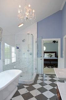 Bathroom, Sherwin Williams SW6241 Aleutian on the walls Cathedral Ceiling Bathroom Ideas, Periwinkle Paint Colors, Ceiling Bathroom Ideas, Periwinkle Paint, Chandelier Bathroom, Dining Room Glam, Sherwin Williams Blue, Best Blue Paint Colors, Country Bedrooms