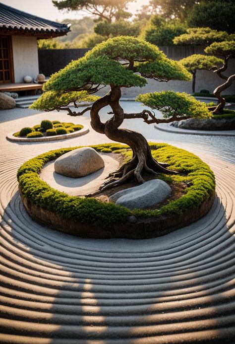 31 Gorgeous Rock Garden Ideas For Your Outdoor Oasis Japanese Garden Rocks, Front Yard Zen Garden Landscaping Ideas, Circular Garden Design Landscaping, Outdoor Tree Decorating Ideas, Japanese Gravel Garden, Bonsai Garden Landscaping, Japanese Garden Aesthetic, Japanese Rock Garden Ideas, Circular Garden Design