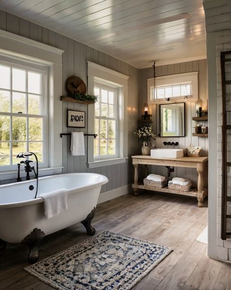 80 Timeless Farmhouse Bathroom Decor Ideas Old Farmhouse Bathroom, Rustic Cottage Bathroom, Country Bathroom Ideas, Farmhouse Chic Bathroom, Farmhouse Bathroom Inspiration, Modern Farmhouse Bathroom Ideas, Vintage Farmhouse Bathroom, Barn Door Decor, Timeless Farmhouse