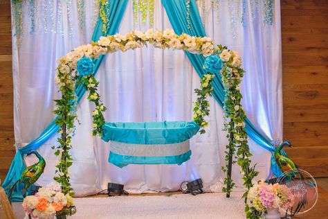 Cradle ceremony | CatchMyParty.com 21st Day Decoration Ideas Indian, Decoration Ideas For Naming Ceremony, Cradle Decoration, Indian Baby Shower Decorations, 21st Decorations, Naming Ceremony Decoration, Princess Birthday Decorations, Indian Baby Showers, Cradle Ceremony