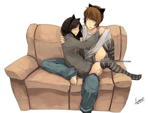 Couch fun time by faustsketcher Sit Lap Couple, Sitting On Lap Hugging, Werewolf Boyfriend Art, Werewolf Boyfriend Comic, Monster High Couples Fanart, Striped Clothes, Hiccup And Astrid Pregnant, Black Cat Cuddles Human, Couple Mignon