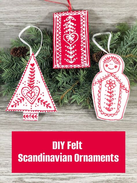 I just love the simple but colorful style that is common to Scandinavian decorations. I had a friend who was from Denmark when I was little and I was always in awe of her Christmas decor. Now, I’m making my own Felt Scandinavian Ornaments. Scandinavian Christmas Ornaments Diy, Scandinavian Felt Ornaments, Swedish Ornaments Diy, Scandinavian Felt Christmas Ornaments, Scandinavian Ornaments Diy, Scandinavian Christmas Crafts, Scandi Crafts, Scandinavian Ornaments, Folk Christmas