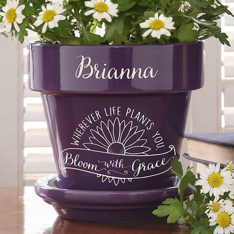 Personalized Flower Pot - Inspiration To Grow - Purple Personalized Flower Pot, Personalization Mall, Flower Pot Design, Purple Bedding, Diy Flower Pots, Perennial Herbs, Ideas Hogar, Sympathy Flowers, Ceramic Flower Pots