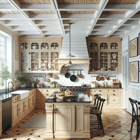 The ceiling should be high and white, with wooden beams. The walls should be adorned with colonial era-inspired elements such as framed vintage maps and brass cooking utensils. The floor should be a checkerboard pattern with ceramic tiles. The room should be well-lit, with lots of natural light coming in through large windows with white panels, creating an inviting ambiance for cooking and dining. Cozy Country Kitchen, Warm Wood Tones, Farmhouse Vibes, Dream Country, Traditional Kitchens, Wooden Ceilings, Wood Tones, Traditional Interior, Traditional Kitchen