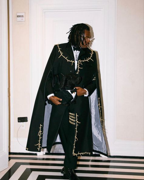 Suit Ideas For Men Prom, Royal Black Outfit Men, Unique Groom Outfit, Black Prince Suit, Mens Prom Suits, Suit With Cape Mens, Black Met Gala Looks Men, Suit With Train, Met Gala Outfits Ideas Men