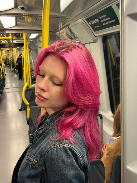 Hot Pink Hair Outfit Ideas, Blue Hair Pink Tips, Electric Pink Hair, Short Dark Pink Hair, Messy Pink Hair, Chunky Pink Highlights In Brown Hair, Pink Hair On Brown Skin, Cool Pink Hair, Hot Pink Bob