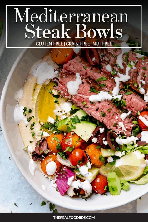 Real Mediterranean Diet, Metteranian Diet Recipes, Mediterranean Recipes Steak, Grain Bowl Salad, Mediterranean Diet Recipes Gluten Free Low Carb, Steak Grain Bowl, Steak Power Bowl Recipe, Mediterranean Diet Recipes Dinners Beef, Mediterranean Venison Recipes