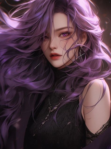 Purple Hair Female Character Art, Purple Hair Girl Art, Purple Haired Anime Female, Purple Hair Anime Woman, Girl With Purple Hair, Anime Purple Hair, Light Purple Hair, Magenta Hair, Dark Purple Hair