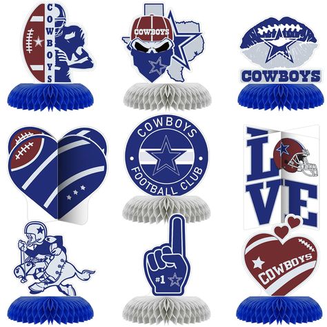 PRICES MAY VARY. Products Include: You will receive 9 pcs cowboys honeycomb centerpieces, and the size of each centerpiece is about 6 inches. Cowboys Design: Cowboys themed party centerpieces features classics such pentagram, baseball cap, etc. Cowboys themed parties is sure to impress. Easy to Assemble: Just take a few seconds to assemble. Peel off the sticker of the honeycomb ball, stick the honeycomb ball on the fixed area of the card, repeat it on the other side of the card, and finally stan Cowboys Party Decorations, Cowboys Birthday Party, Dallas Cowboys Birthday Party, Cowboy Birthday Party Decorations, Dallas Cowboys Theme, Dallas Cowboys Birthday, Western Centerpieces, Cowboy Party Decorations, Dallas Cowboys Decor