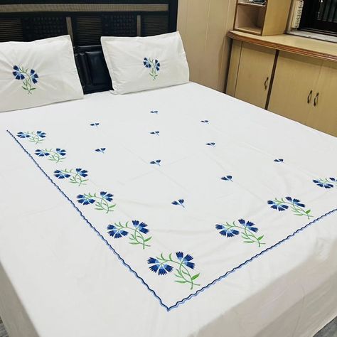 DESIGNER KING SIZE EMBROIDERED PURE COTTON BEDSHEET 👁️ ⬅️Size : 108/108 inches ⬅️Fabric : 100% Cotton ⬅️Set Contains: 1 bedsheet with 2 pillow covers ⬅️Machine Embroidery ⬅️ 300 Thread Count 1650 free ship Bedsheet Embroidery, Embroidered Bedsheets, Embroidered Sheets, Bed Sheet Painting Design, Bed Cover Design, Designer Bed Sheets, Designer Bed, Hand Embroidery Patterns Free, Fine Embroidery