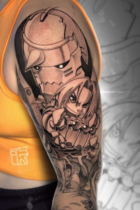 Anime tattoo Fmab Tattoo, Appleseed Anime, Elric Brothers, Anime Tattoo, Anime Tattoos, Black Tattoos, Tattoos For Guys, Tattoos, Anime