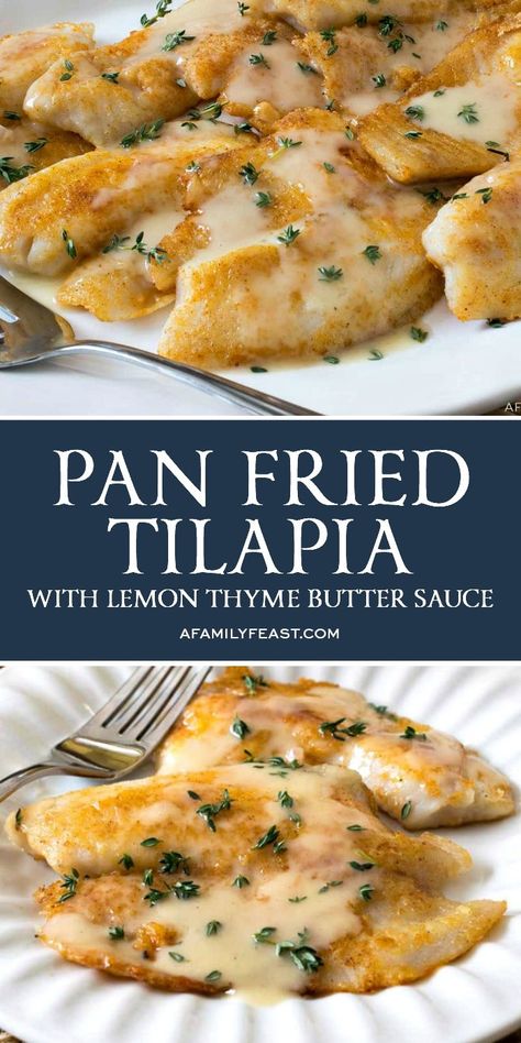 Our simple Pan Fried Tilapia cooks up in just minutes. Serve with a delicious lemon thyme butter sauce. Fried Tilapia Recipes, Pan Fried Tilapia, Tilapia Recipes Easy, Thyme Butter, Fried Tilapia, Pan Fried Fish, Fish Dinner Recipes, Tilapia Recipes, Lemon Thyme