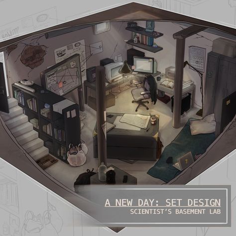 ArtStation - Scientist’s Basement Lab Scientist Bedroom, Science Lab Background, Old Laboratory, Lab Aesthetic, Scientist Laboratory, Mad Scientist Lab, Home Basement, Technical Difficulties, Basement Decor