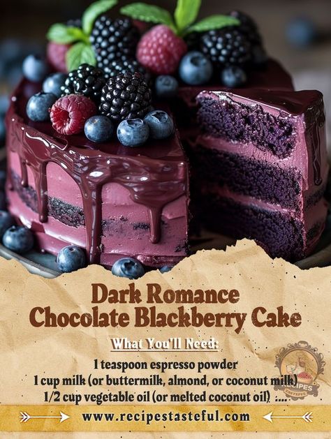 Tasteful Recipes Blackberry Velvet Cake, Dark Romance Chocolate Blackberry Cake, Dark Romance Cake, Chocolate Blackberry Cake, Macaroni Pasta Salad, Tasteful Recipes, Chocolate Decadence, Blackberry Cake, Baked Dessert