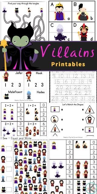 Make learning fun by using themed worksheets like these super cute, free Disney Villain Printables. Included in this Disney Villain Worksheets pack are over 40 pages of fun math and literacy skills for preschool, pre-k, kindergarten, and first graders.  Whether your child is a fan of Captain Hook, the Evil Queen, Maleficent, Mother Gothel, Jafar, Cruella, Ursula, or Hades - they will be engaged with the alphabet worksheets, villain counting, and so many more early learning skills! Disney Lessons, Pre K Worksheets, Disney Activities, Disney Alphabet, Disney Classroom, Free Kindergarten Worksheets, Disney Villain, Disney Day, Free Homeschool