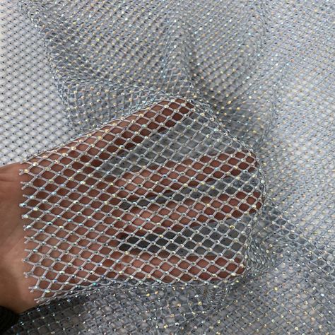 Baby Blue Serene Iridescent Rhinestone Fishnet Lace Fabric - Fashion Fabrics LLC Rhinestone Fishnets, Sparkly Outfits, Fishnet Dress, Blue Dress Short, Net Dress, Textile Company, Abaya Designs, Trim Dress, Designer Dresses Casual