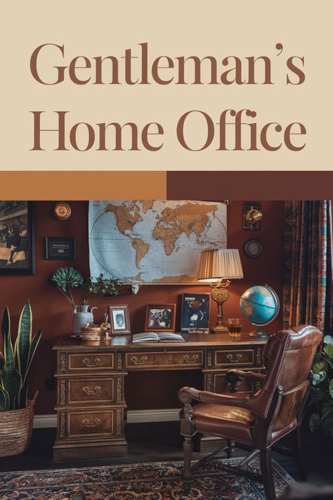 Furnish your gentleman’s office with pieces that speak to a sense of history and style. A dark office design with wood-paneled walls 🪵 and a classic desk creates a sophisticated look. Pair it with a deep, leather chair for comfort and elegance 🧳. Incorporate a few elements from law office decor for a timeless appeal. #GentlemansOffice #DarkOfficeDesign #TraditionalHomeOffices #ClassicOffice #LawOfficeDecor #HomeOfficeDecor #RestorationHardwareOfficeIdeas #MasculineHomeDesign #MensLibraryStudy Restoration Hardware Office Ideas, Dark Office Design, Vintage Office Aesthetic, Gentlemans Office, Gentlemans Study, Traditional Home Offices, Dark Office, Classic Gentleman, Office Rustic