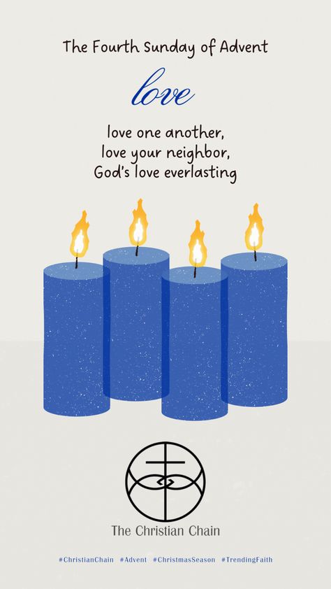 On the 4th Sunday of Advent, the 4th candle is lit, symbolizing love. This is a time to reflect on how much God loved us, that He sent His only Son to die for our sins to redeem creation that way we may have a renewed relationship with Him (John 3:16). As we prepare for the birth of Jesus, let us remember that love, and reflect it to each other and share it with our neighbors; shining the light of Christ in this dark world. #ChristianChain #Advent #ChristmasSeason #TrendingFaith 4th Sunday Of Advent, Light Of Christ, Dark World, Shine The Light, John 3 16, John 3:16, Birth Of Jesus, John 3, Only & Sons