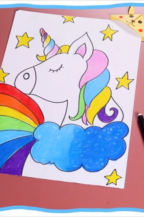 AWESOME UNICORN DRAWING AND COLOURING Find out how to make a unicorn and then fill it with colour. Start with drawing your unicorn and use your creativity to add starts and clouds around it. Then use your colour pencil/crayons/paints to fill the drawing with colour. Make it as colourful as you can! For this activity you will need: 1. Plain Paper 2. Pencil 3. Sharpener 4. Eraser 5. Crayons Thank you for watching! Creative Necklines, Unicorn Drawing Sketches, Easy Canvas Painting For Kids, Unicorn Drawing For Kids, Pencil Colours Art Drawings, Unicorn Drawing Easy, Make A Unicorn, Colouring Art, Drawing And Colouring