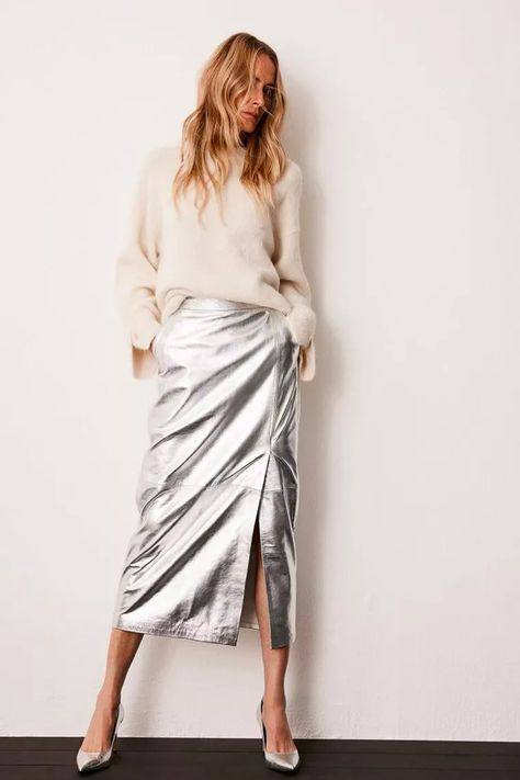 Elevated Autumn Staples at Mint Velvet | SheerLuxe Metallic Midi Skirt, Silver Outfits, Oversized Wool Coat, Leather Midi Skirt, Timeless Dress, Mint Velvet, Knit Turtleneck Sweater, Wish List, Women Skirts Midi