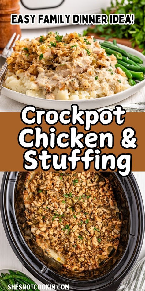 Crockpot chicken and stuffing photo collage with text overlay. Chicken Thigh And Stuffing Recipes, Crockpot Chicken Stuffing Recipes, Chicken With Stuffing In Crockpot, Crock Pot Chicken And Stuffing Recipe, Chicken And Stove Top Stuffing Casserole, Crockpot Chicken Thighs Recipes, Stove Top Dressing, Chicken Thigh Crockpot Recipes, Chicken Stuffing Crockpot