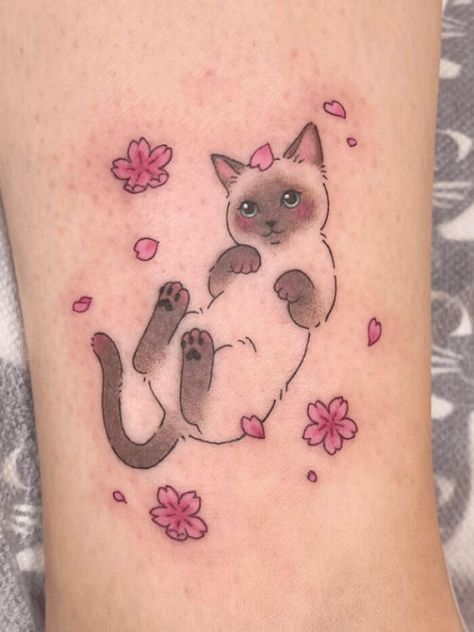 Snowshoe Cat Tattoo, Pink Cat Tattoo, Cute Tattoos Cat, Strawberry Cat Tattoo, Siamese Cat Tattoo, Siamese Cat Tattoos, 6 Tattoo, Siamese Kitty, Pet Memorial Tattoo