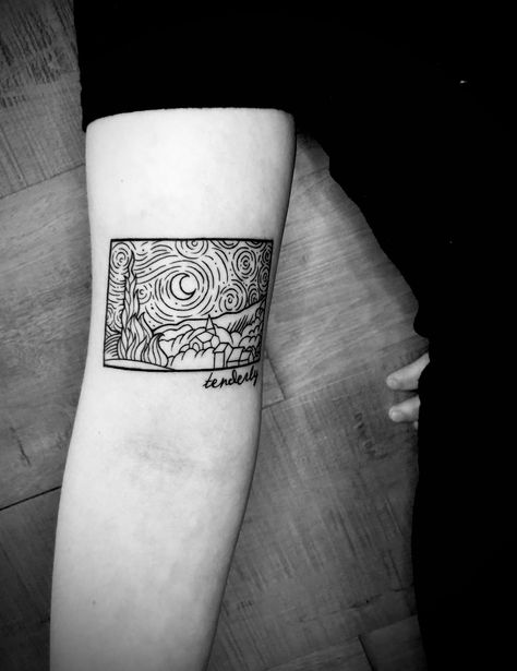 Starry Night Tattoo Black And White, Stary Night Tattoos, Van Gogh Tattoo Black And White, Genshin Tattoo, Starry Night Tattoo, Van Gogh Tattoo, Tattoo Pierna, Night Tattoo, Iris Tattoo